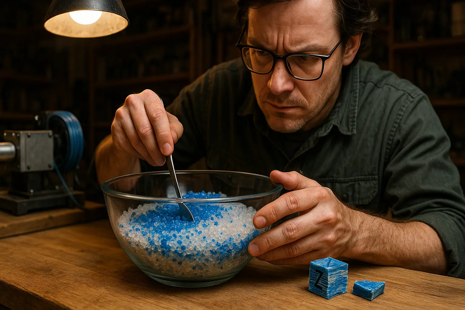 Maker in workshop carefully mixes colored plastic pellets (additives) in a container for DIY filament, extruder in