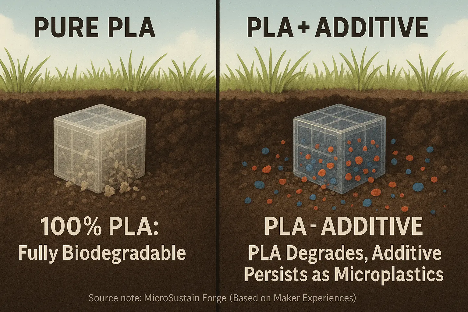 Infographic: PLA fully biodegrades. PLA+additive leaves non-biodegradable particles, compromising eco-credentials.
