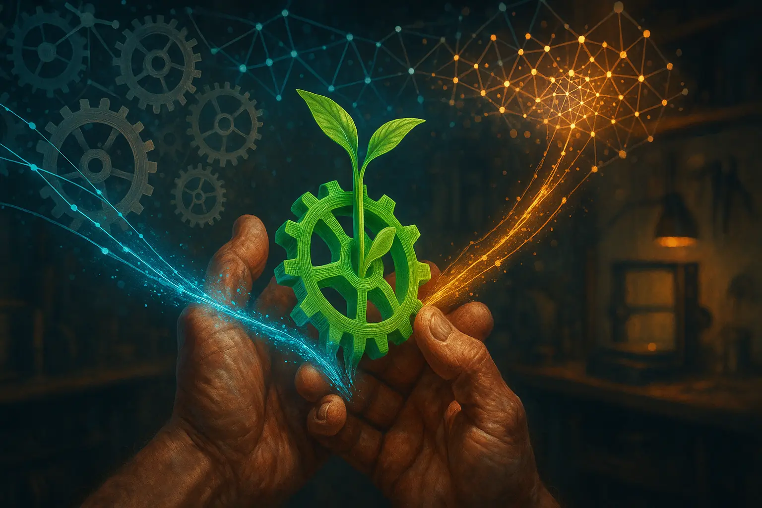 Maker's hands hold 3D print; gears & glowing lines link to data & community symbols, visualizing an experimental PLA journey.