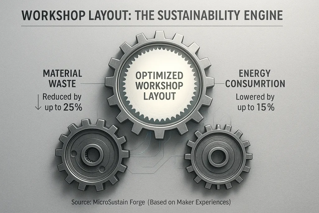 Infographic: Interconnected gears reveal workshop layout's hidden impact on material waste and energy for sustainability.