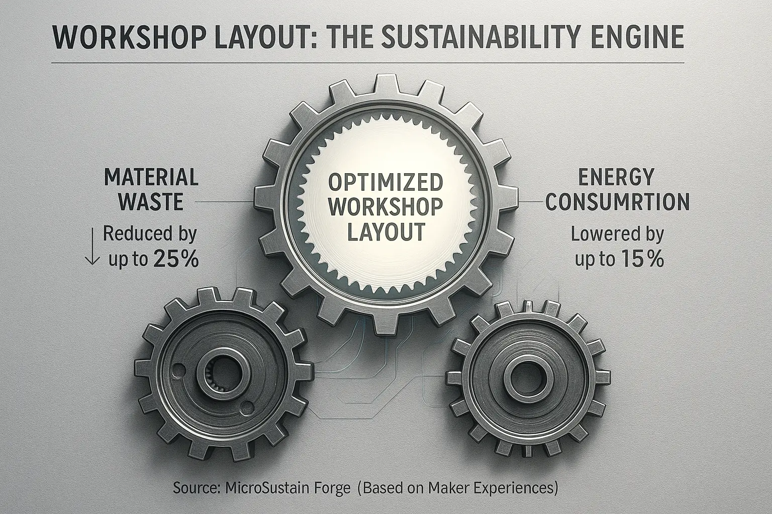 Infographic: Interconnected gears reveal workshop layout&#x27;s hidden impact on material waste and energy for sustainability.
