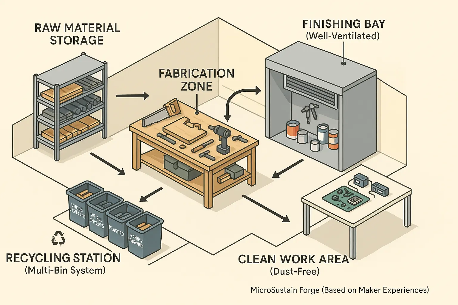 Zoned workshop: distinct material, fabrication, finishing, recycling areas for efficient workflow and dedicated clean work.