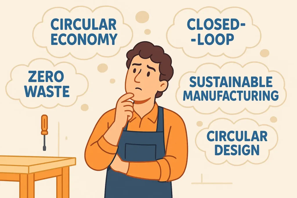 Maker overwhelmed by circular economy buzzwords, showing the gap between jargon and practical maker application.