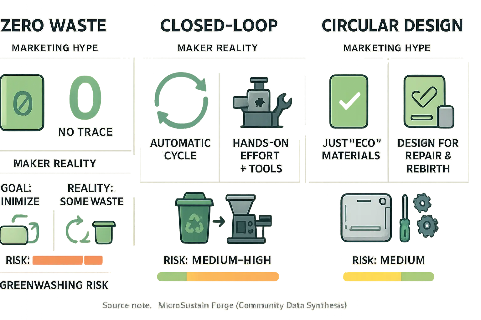 Infographic: Marketing Hype vs. Maker Reality for Zero Waste, Closed-Loop, Circular Design; icons, text, risk meters.