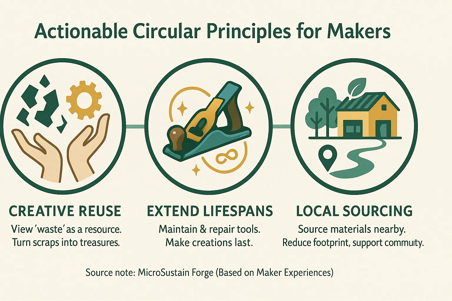 Infographic: Flowchart of circular economy principles like Design for Disassembly &amp; Material Reuse for makers&#x27; workshops.
