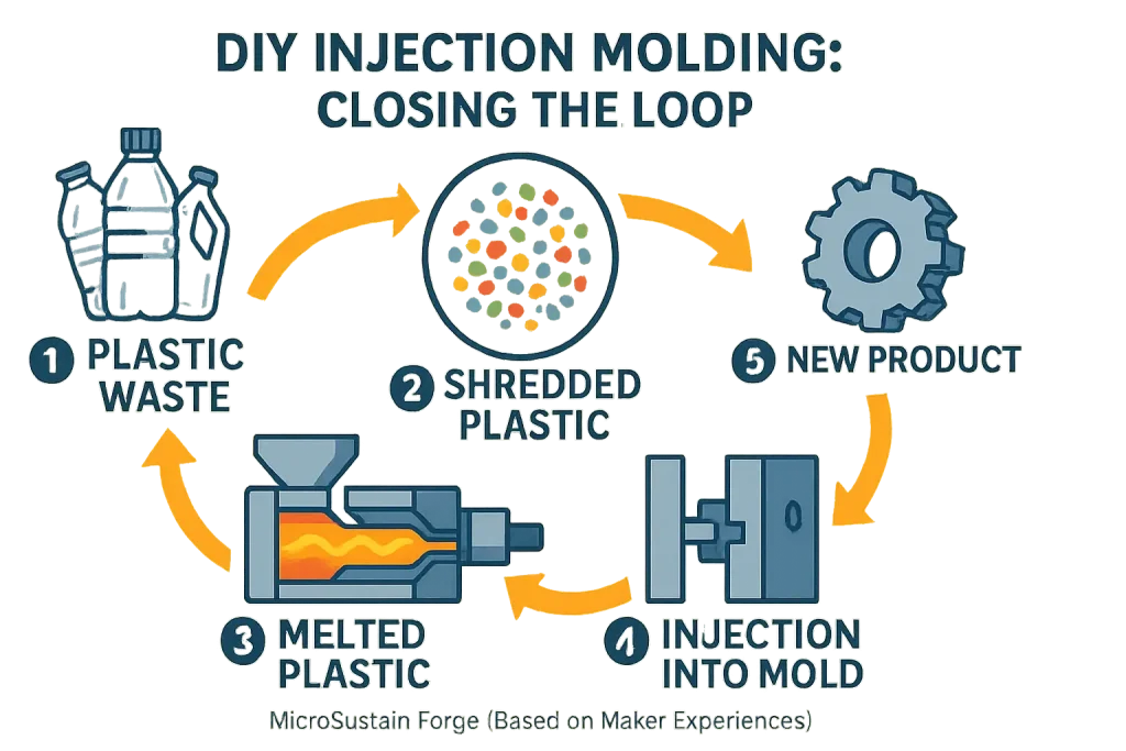 DIY closed-loop infographic: waste plastic shredded, melted, injection-molded to new products, cycling waste to value.