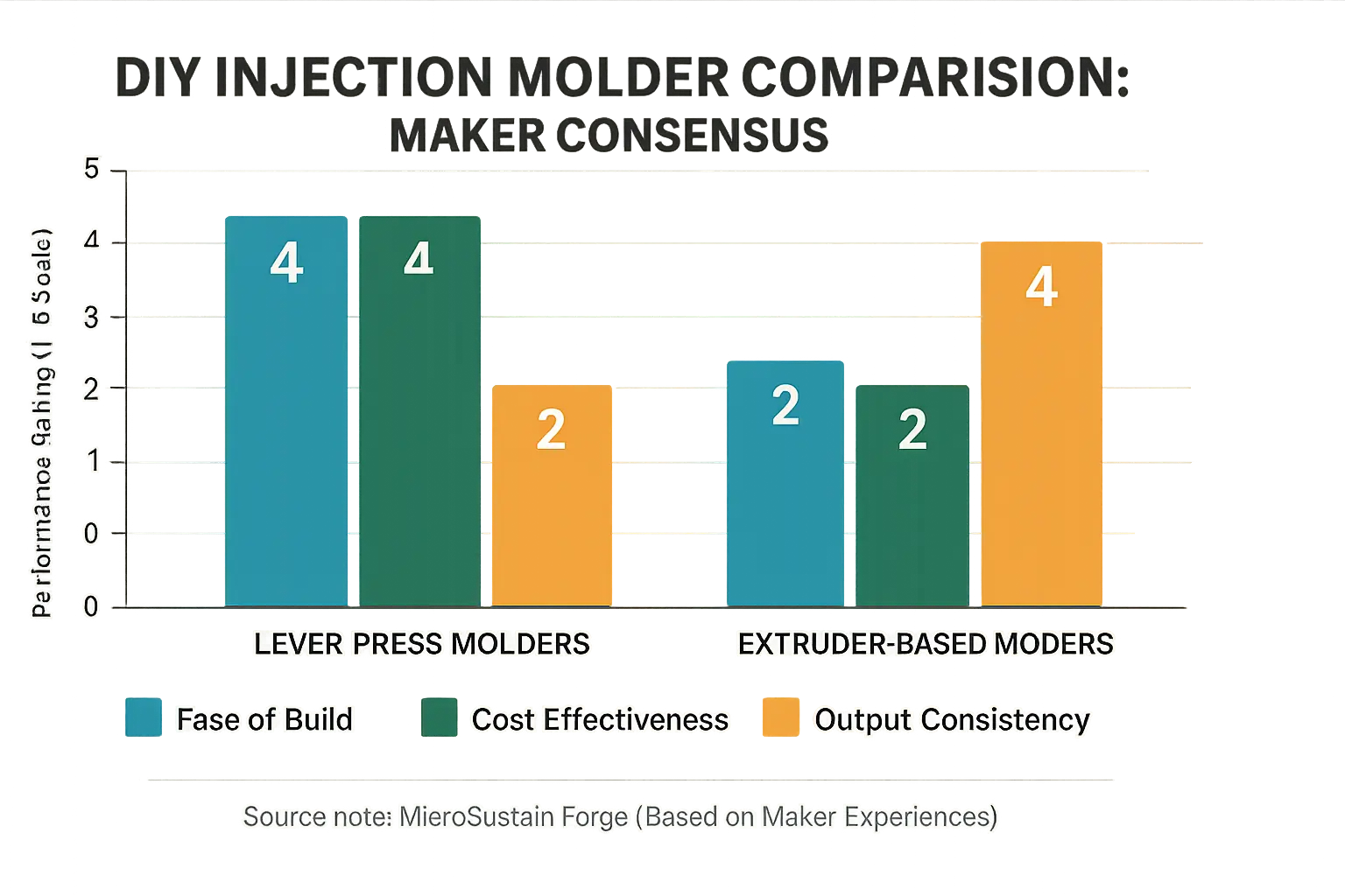 Bar chart (UGC, 1-5 scale): Lever presses lead build/cost; extruders lead consistency for DIY injection molders.