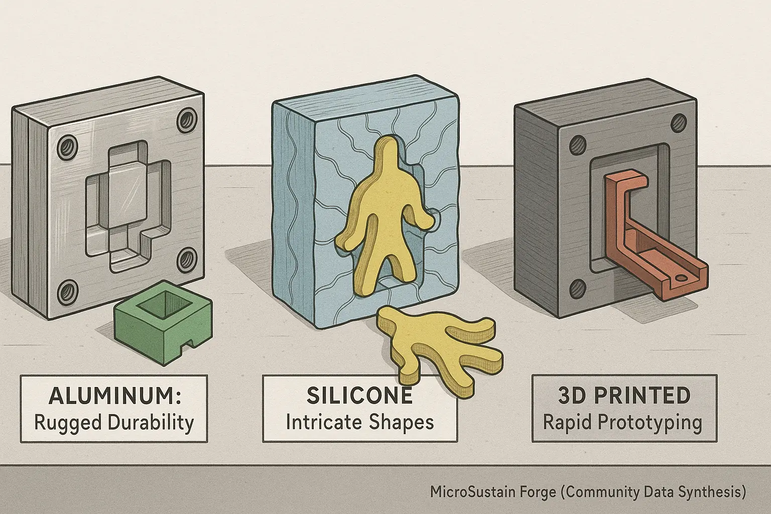 Technical drawing: Aluminum, silicone, & 3D printed DIY molds with sample parts for recycled plastic injection.