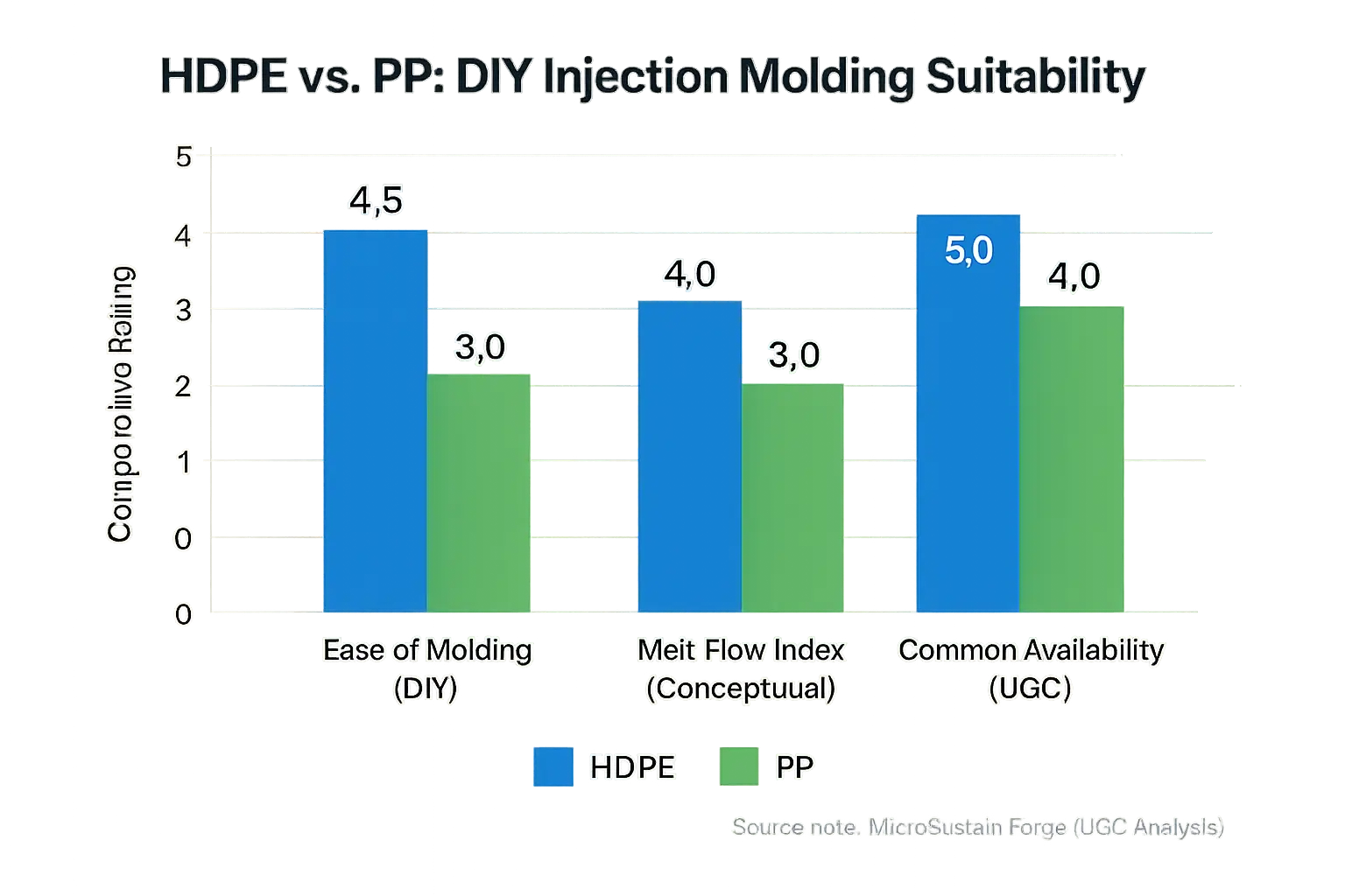 Bar chart: HDPE vs. PP for DIY injection. HDPE leads ease/availability; PP higher conceptual MFI. Aids UGC feedstock choice.