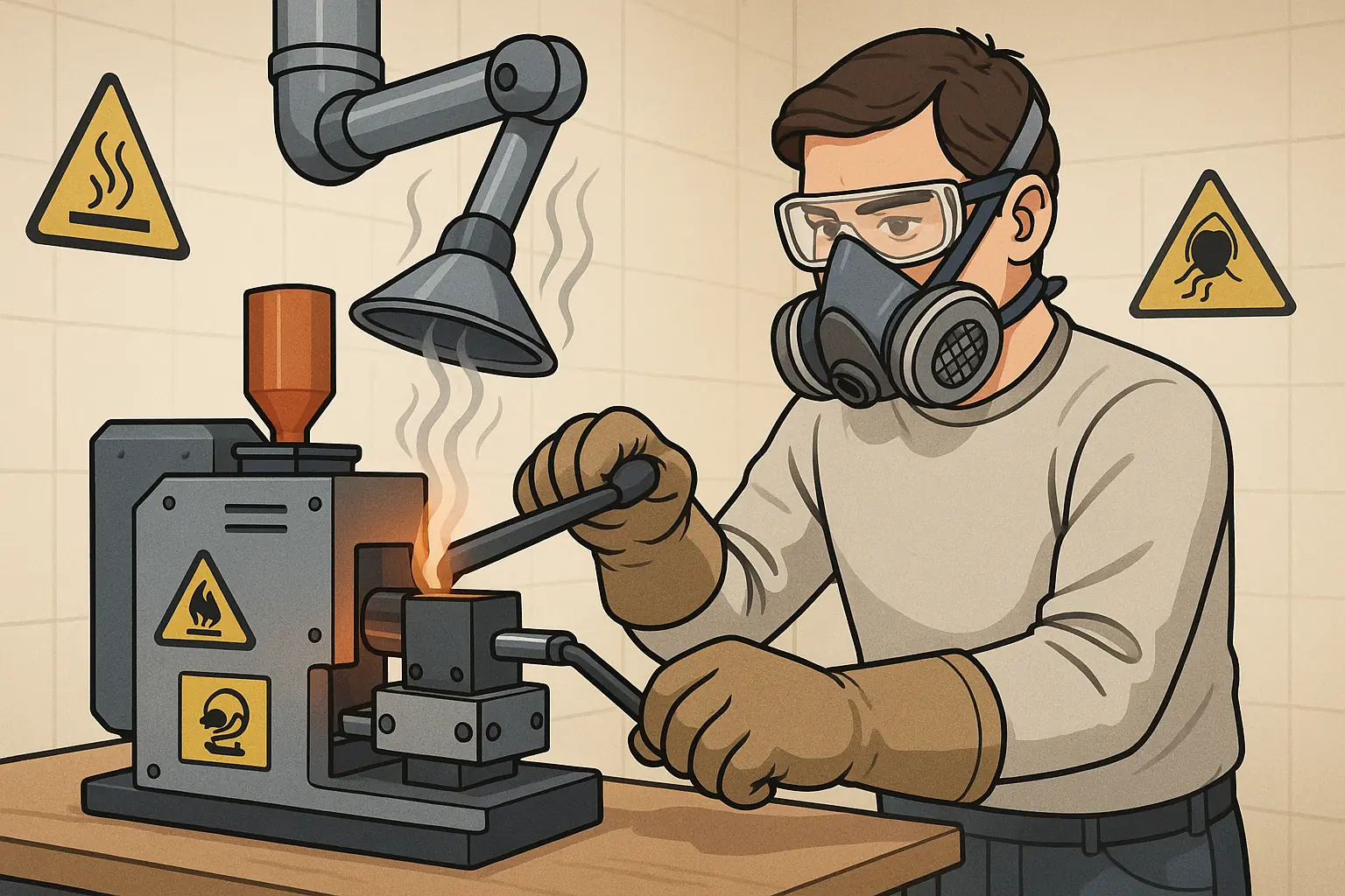 Maker in full PPE (gloves, glasses, respirator) safely operates DIY injection molder with fume extractor.