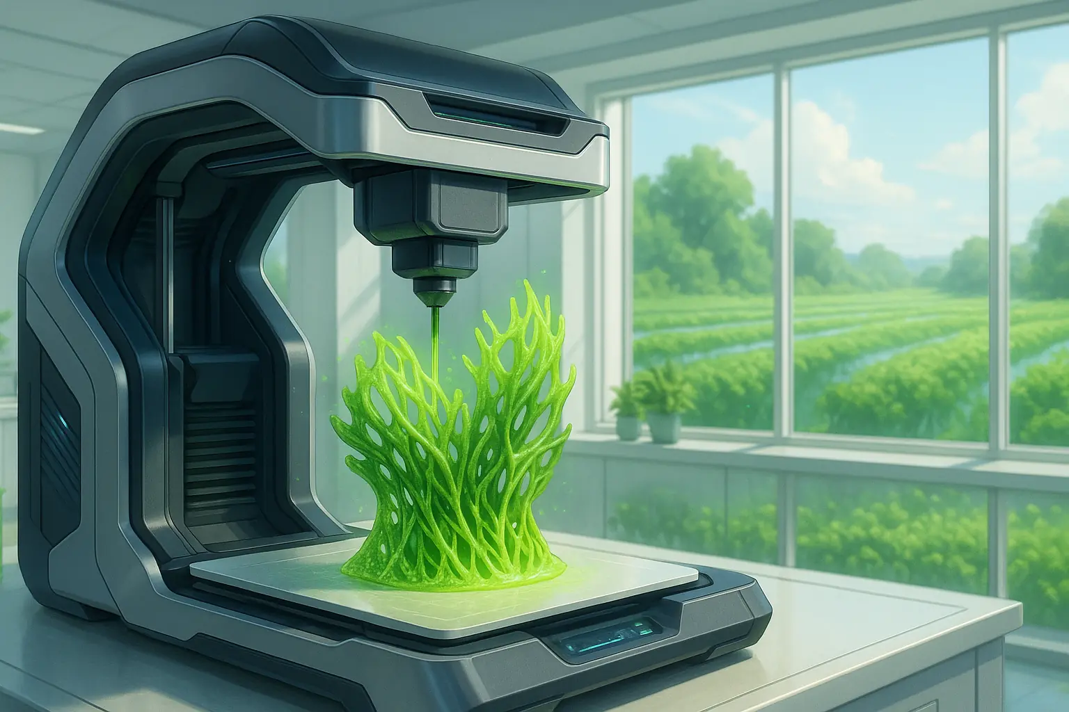 Futuristic 3D printer extruding glowing green algae filament in a modern, eco-friendly lab setting.