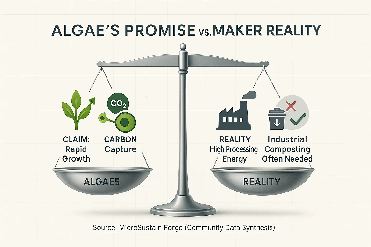 Balance scale: Algae's 'Promise' (carbon capture, growth) vs. 'Reality' (processing energy, recycling challenges).