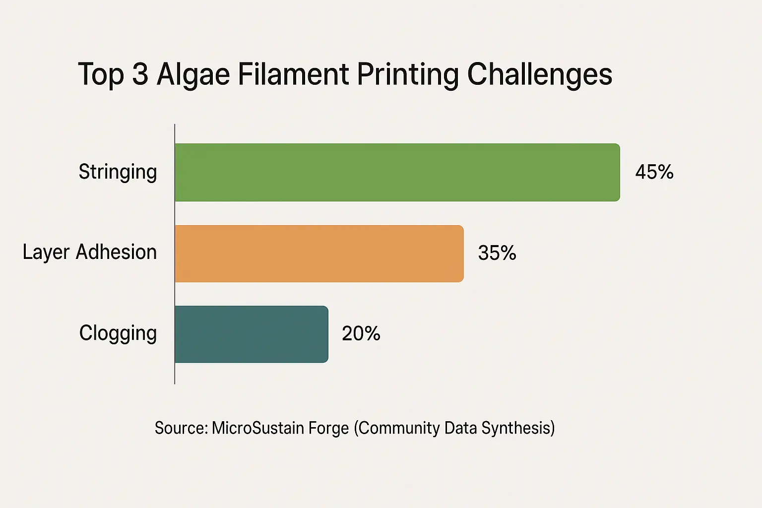 Bar chart: Top algae filament printing challenges for early adopters—Stringing, Clogging, Adhesion—by frequency %.