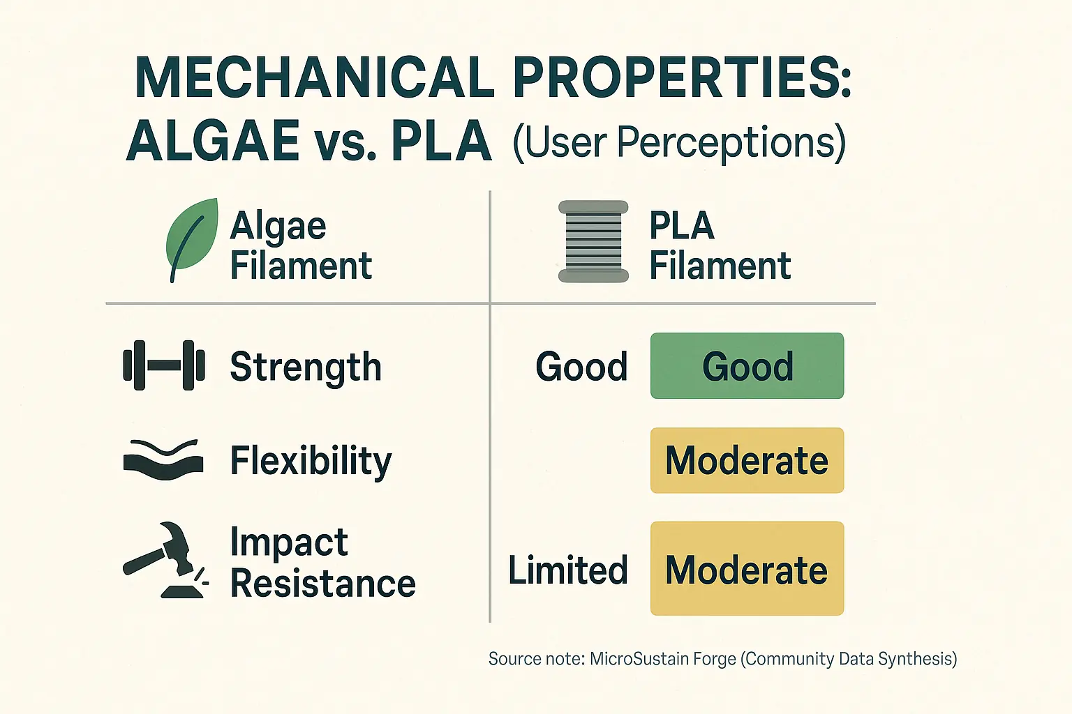 Infographic: Algae vs. PLA print properties (strength, flexibility, impact) rated qualitatively with icons for makers.