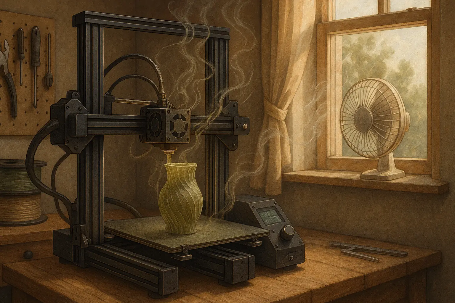 Home workshop 3D printer emitting fumes, shown as wavy lines; background fan/window for odor ventilation.