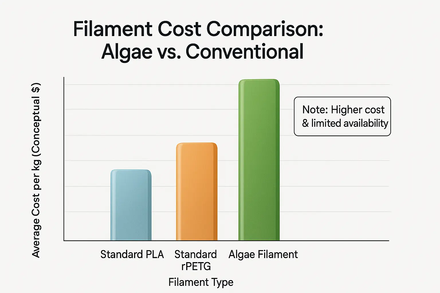 Bar chart: Conceptual cost/kg comparison—Algae highest vs PLA, rPETG. Limited availability noted, impacting investment.