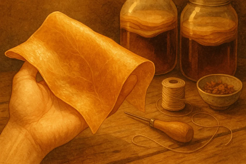 Translucent kombucha leather draped on hand, unveiled; jars & tools in background show this natural, craftable SCOBY