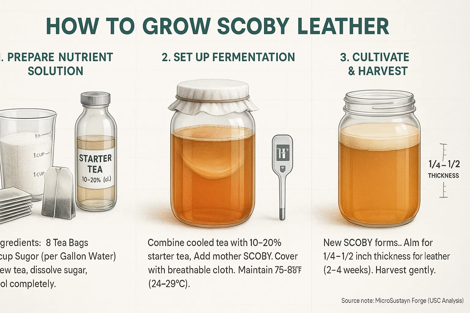 Infographic: Step-by-step guide to growing SCOBY leather: ingredients, fermentation jar setup, growth process.