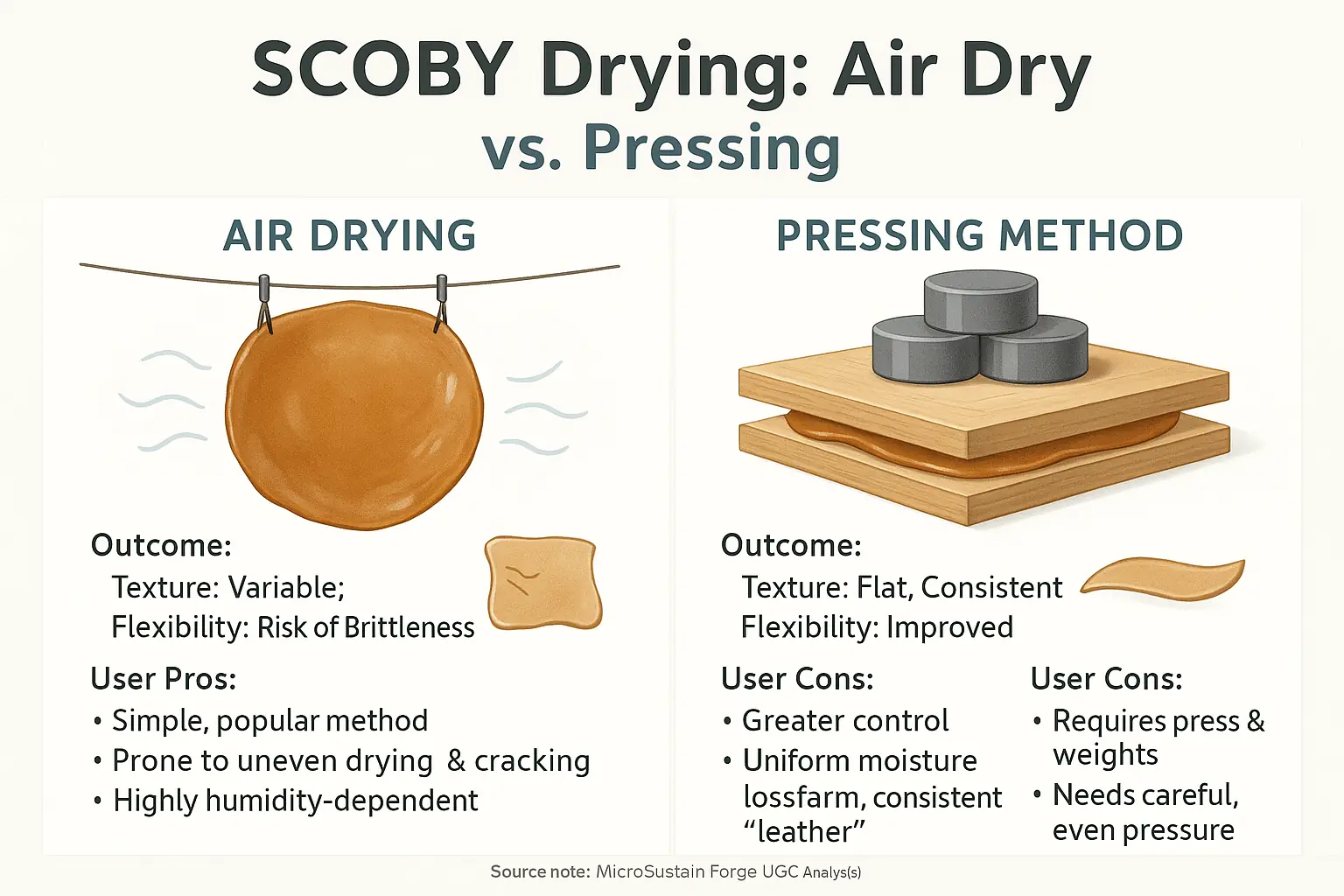 SCOBY drying methods (air vs. press) infographic: compares flexibility, texture, user pros/cons for achieving supple sheets.