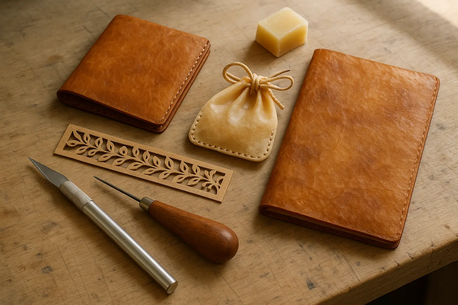 SCOBY leather crafts with unique texture & natural aesthetic: minimalist wallet, jewelry pouch, bookmark, journal cover.