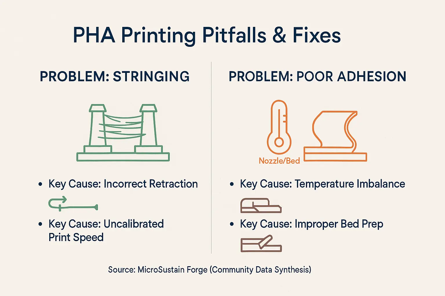 Infographic: Common PHA printing issues (stringing, warping, poor adhesion) and their causes like temperature, retraction,