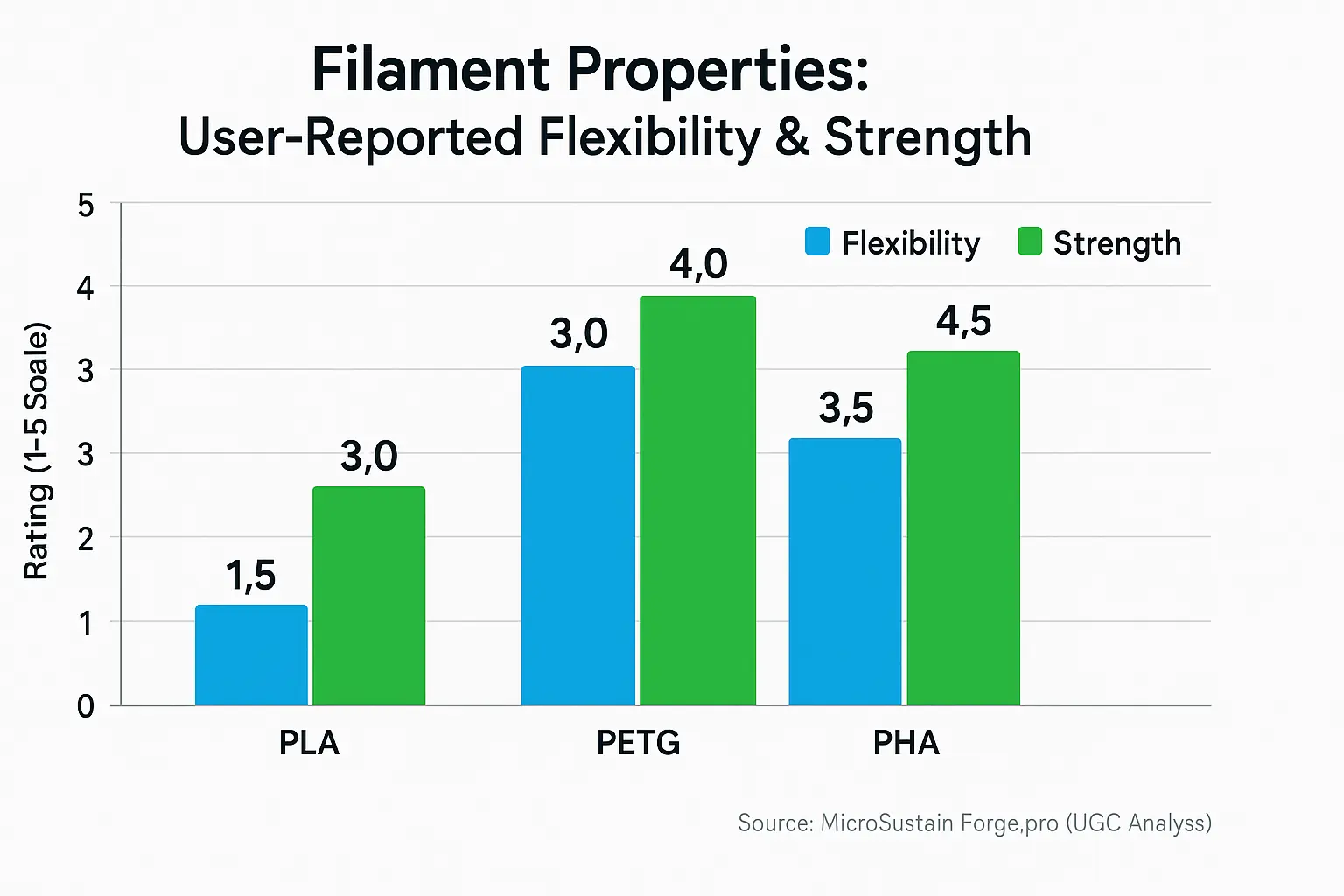 Bar chart comparing PLA, PETG, PHA user-reported flexibility & strength (1-5), showing PHA's typical perceived mechanical
