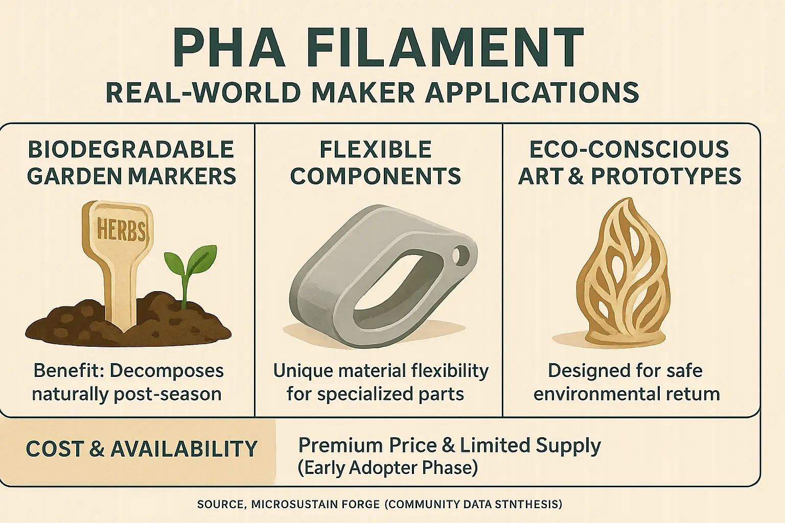 PHA filament infographic: applications like flexible parts, biodegradable prototypes, art (icons), with cost/availability