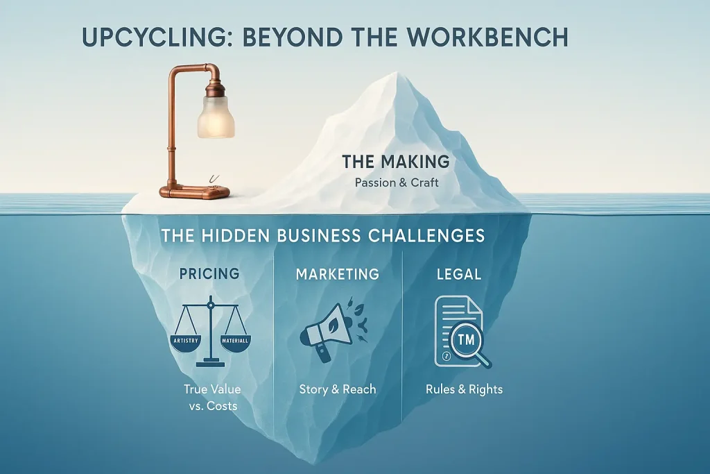 Iceberg: 'making' upcycled items is the visible tip; larger, hidden 'business challenges' (pricing, marketing, legal) are