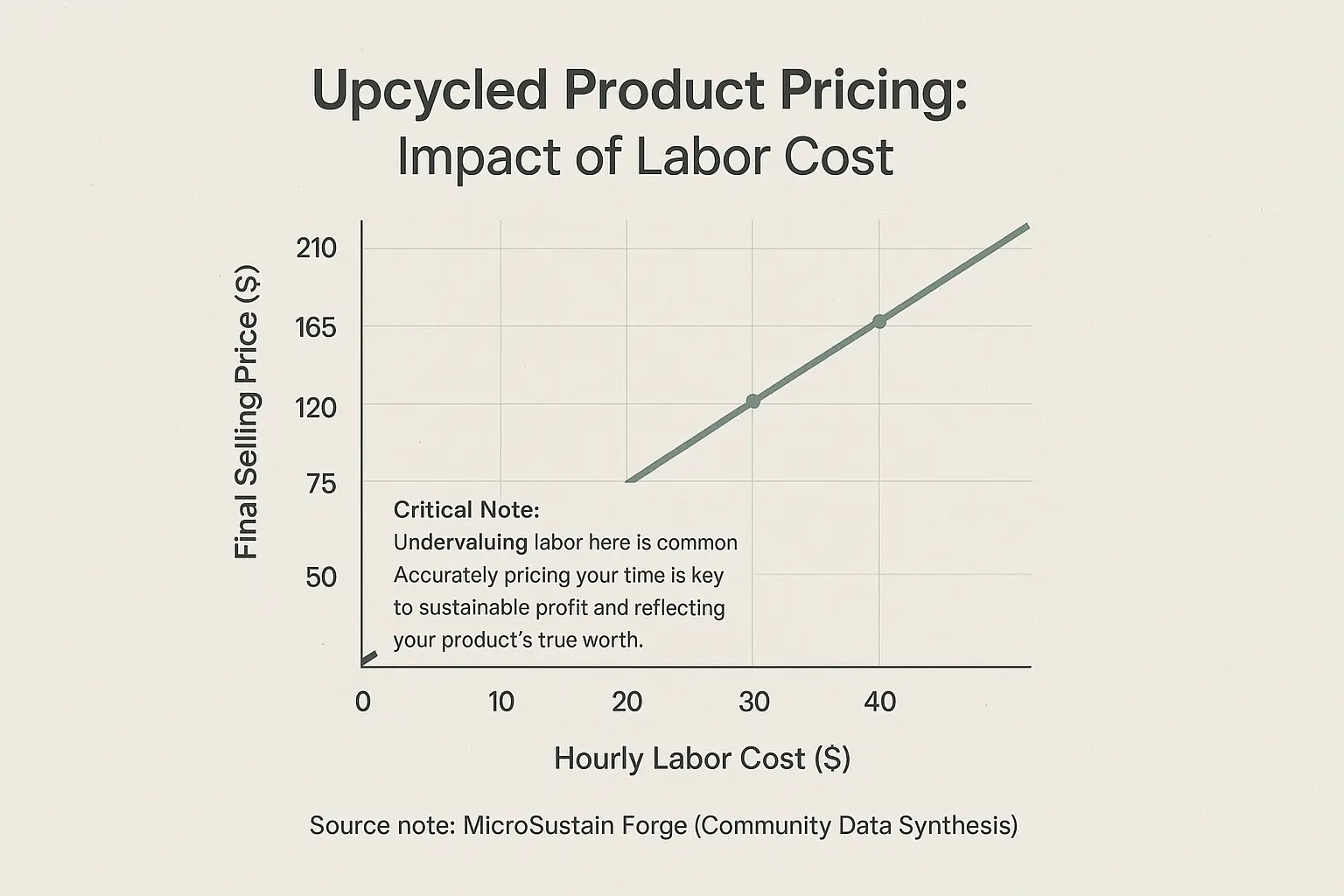 Price estimator graph: Upcycled product selling price rises with increased labor cost or profit margin.