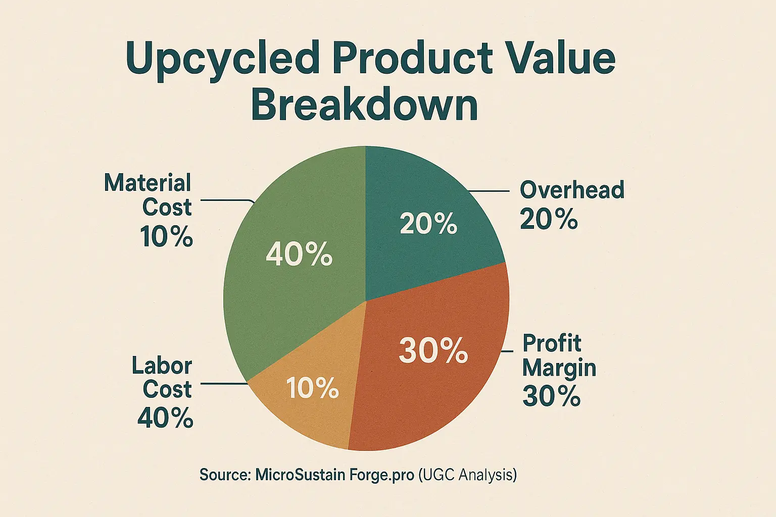 Pie chart: upcycled product selling price breakdown—material, labor, overhead, profit—informing pricing strategy.