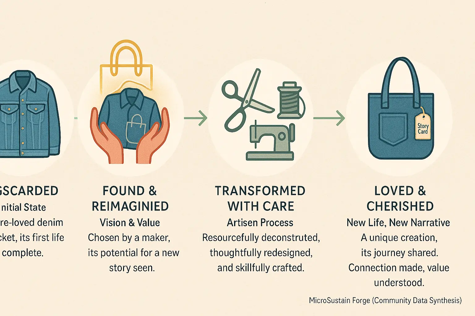 Flowchart: Upcycled material's story ('Found', 'Transformed', 'Loved') from discarded to desired, for marketing second life