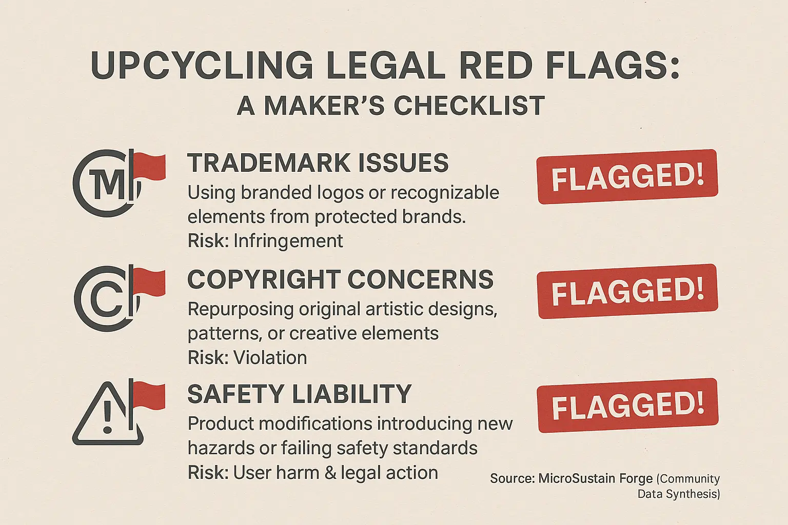 Infographic checklist: Upcycler legal red flags. Icons show trademark, copyright, safety disclaimers, for IP & UGC warnings.