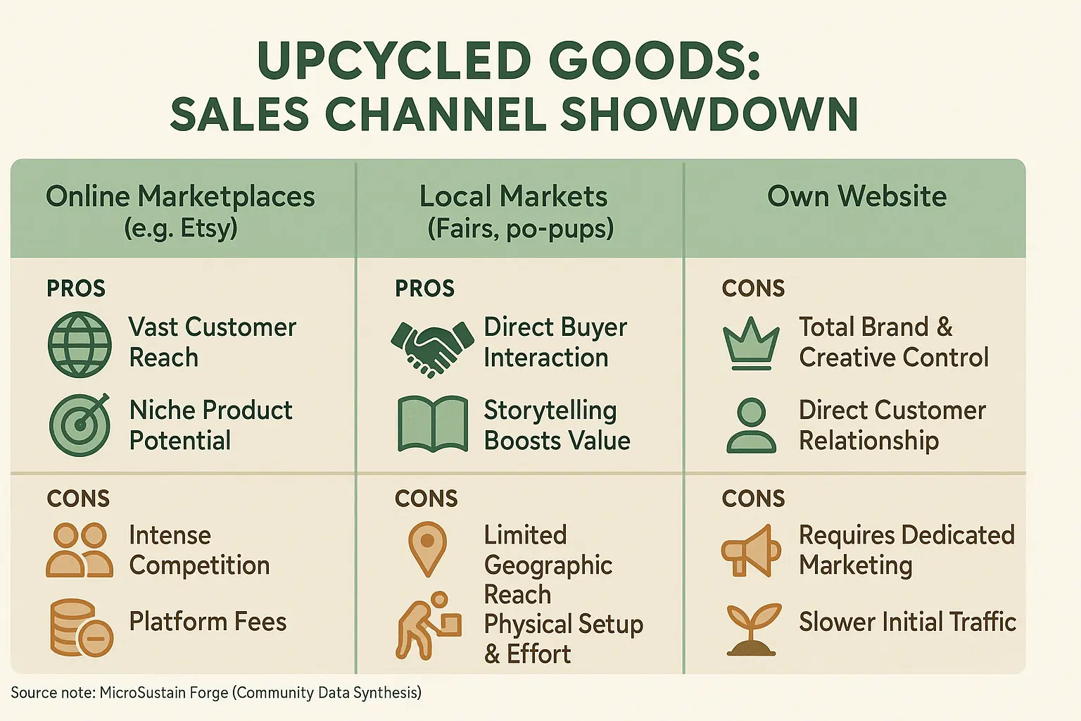 Upcycled goods sales channels: Chart comparing pros & cons (Etsy, markets, website) from community experiences.