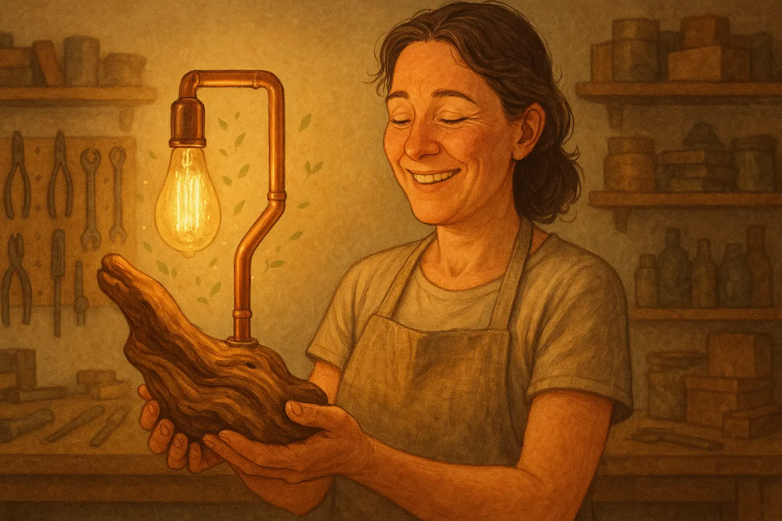 Satisfied maker proudly holds a glowing, beautifully upcycled product, a symbol of success on their rewarding art journey.