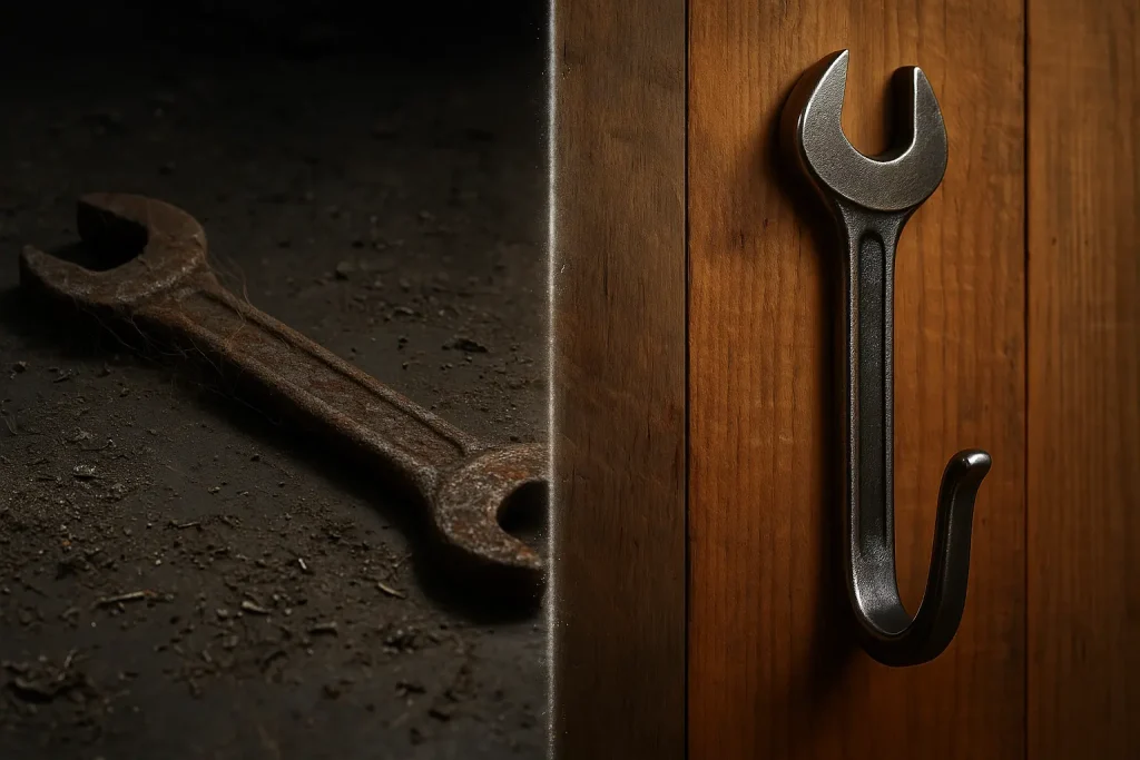 A rusty wrench transforms, half corroded tool, half beautiful, functional art, symbolizing its new life from scrap.