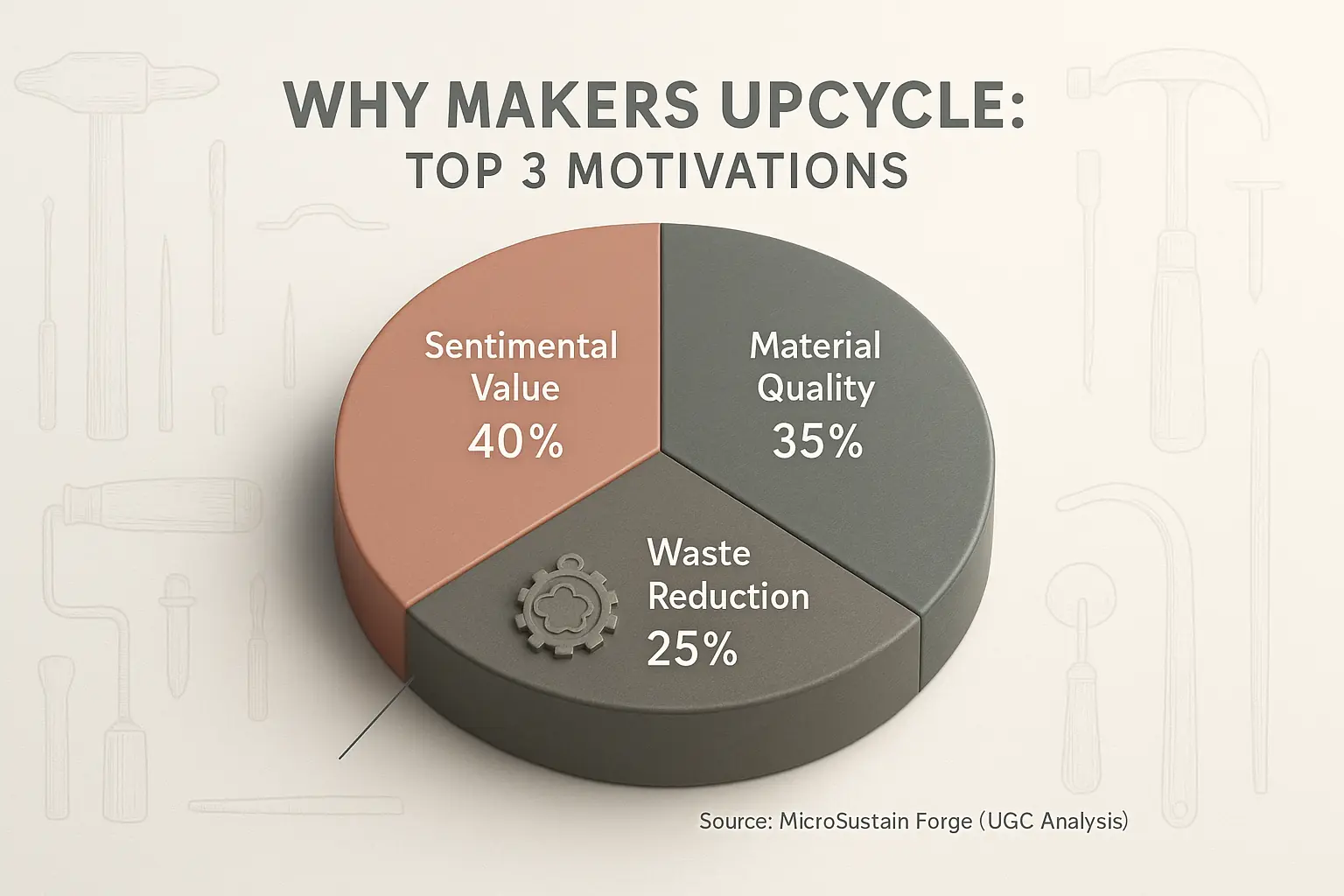 Pie chart: Sentimental Value (40%) and Material Quality (35%) are primary reasons for upcycling tools, followed by Waste