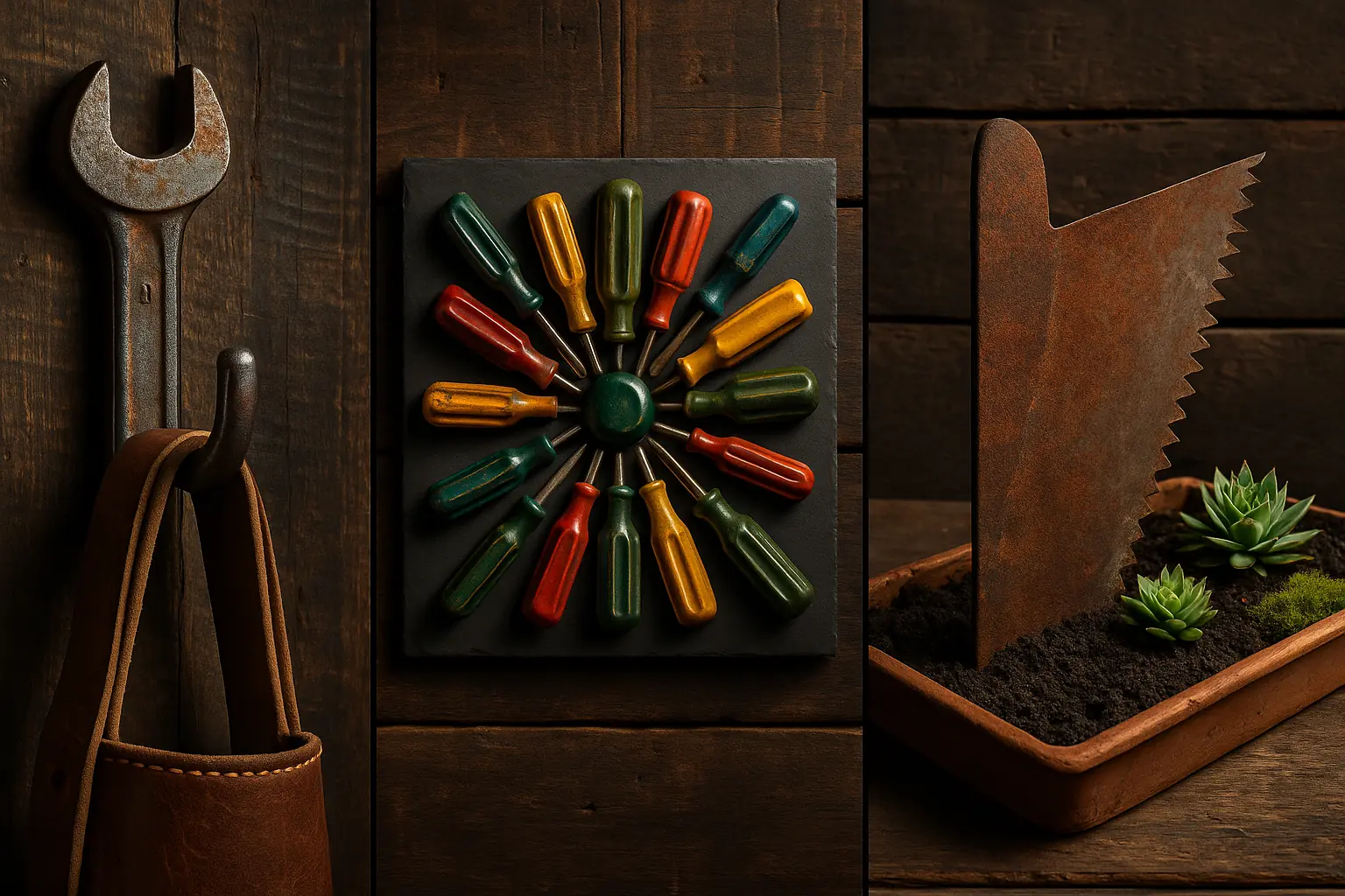 Collage of creative hand tool upcycling ideas: wrench coat hook, screwdriver wall art, saw blade garden edging.