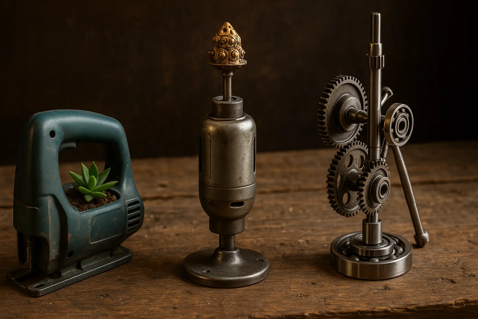 Collage of upcycled power tool parts: drill motor stand, housing planter, gear sculpture, showing ingenious scrapyard