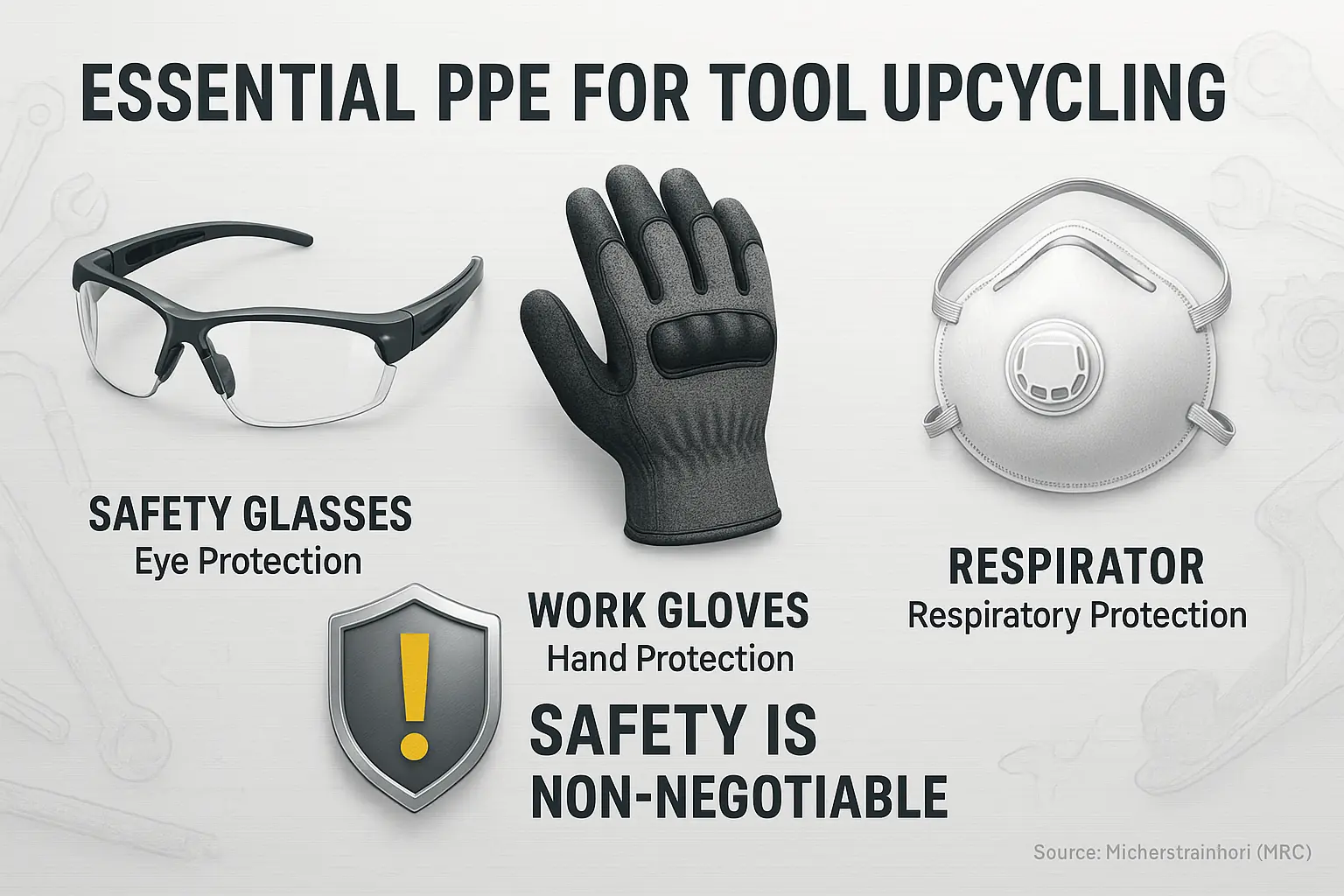 Infographic: Essential safety gear for upcycling tools—glasses, gloves, respirator, warning symbol—ensures user protection.