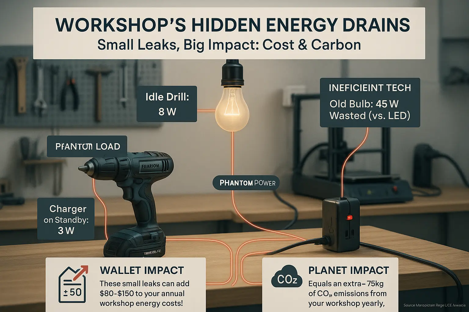 Infographic: Visualizing how small, hidden workshop energy leaks increase costs &amp; carbon, showing why every watt counts.