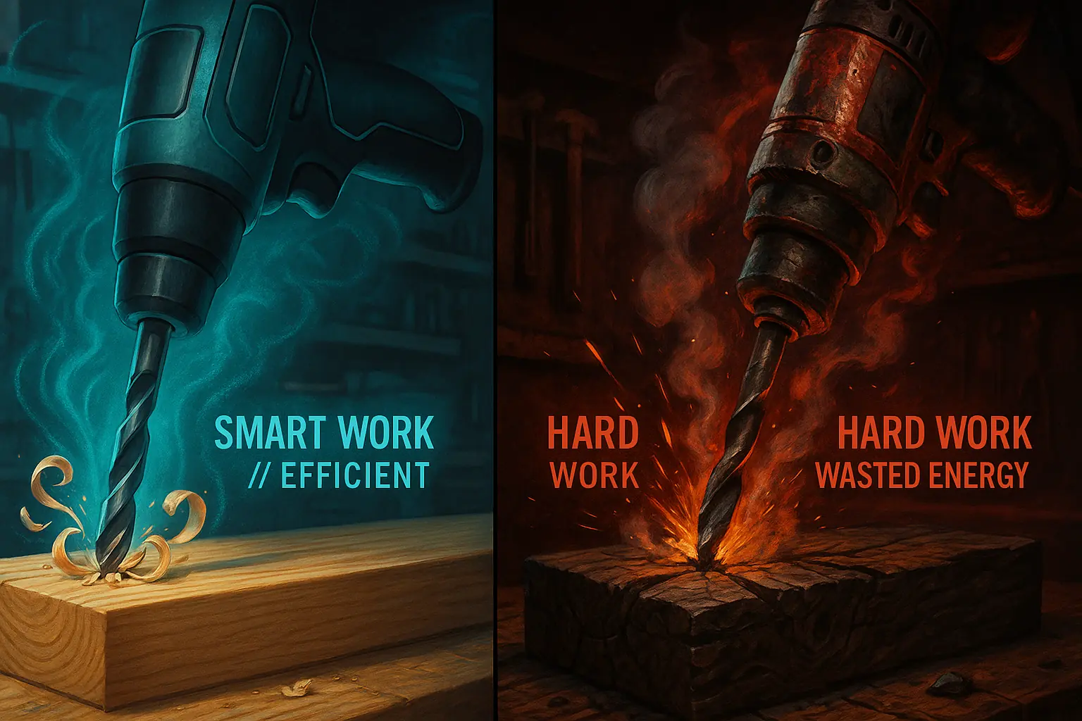 Efficient glowing drill (smart work) outshines dull, sparking drill (hard work), saving energy with power tools.