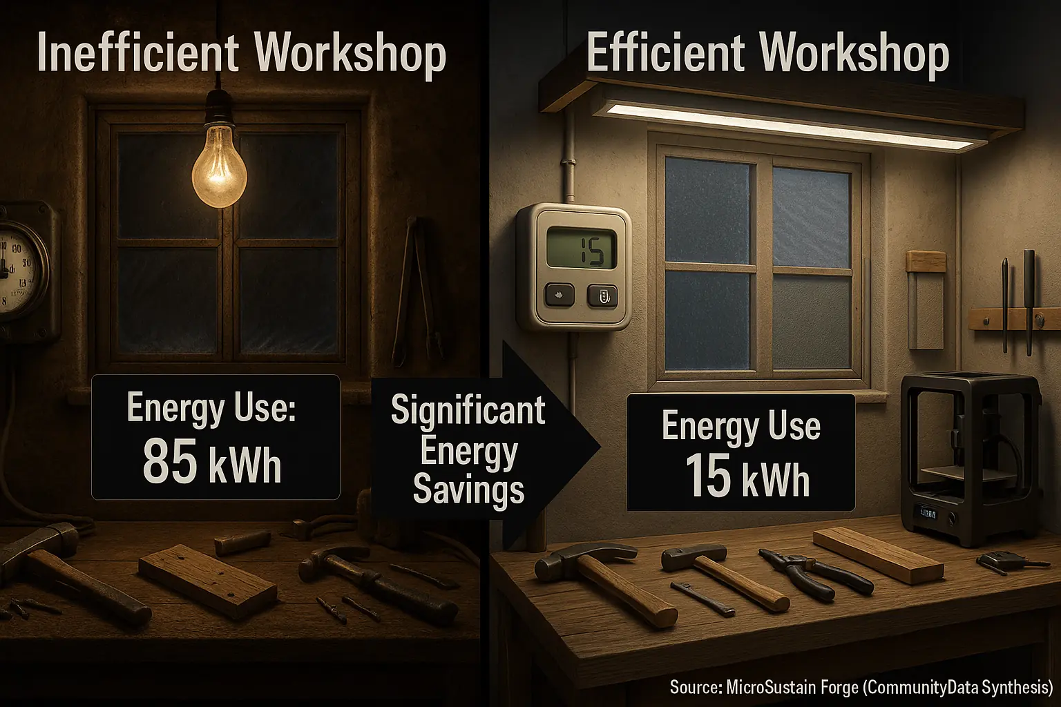 Infographic contrasting inefficient workshop (incandescent, poor insulation, high energy) with efficient (LED, good