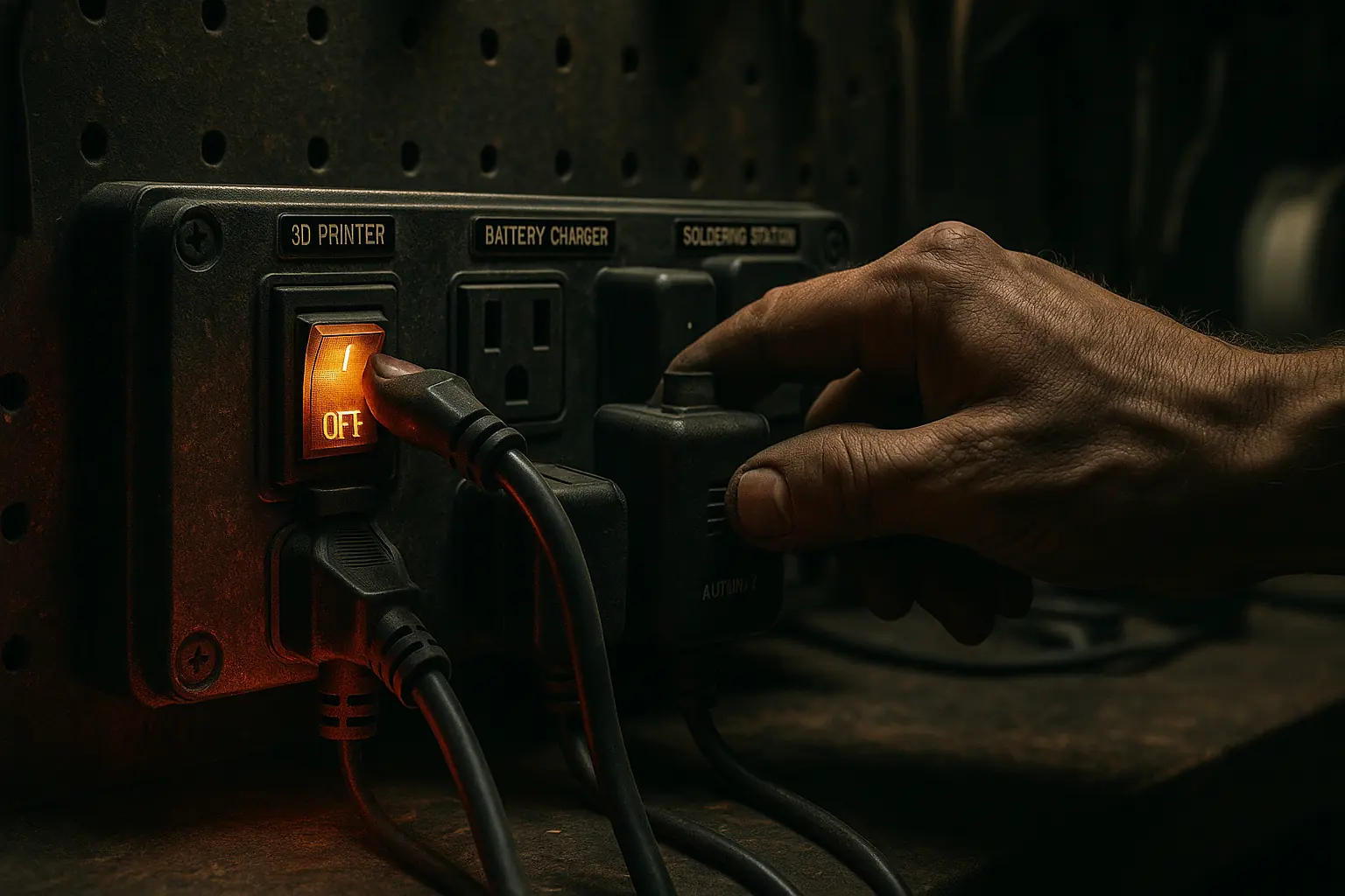 Hand unplugs a glowing red 'silent sucker' plug from a power strip, conquering phantom load.