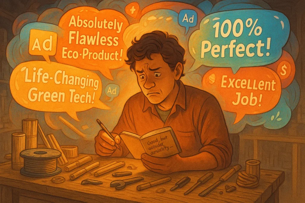 Maker seeks reality check on eco-products, navigating influencer echo chamber of conflicting, biased reviews.