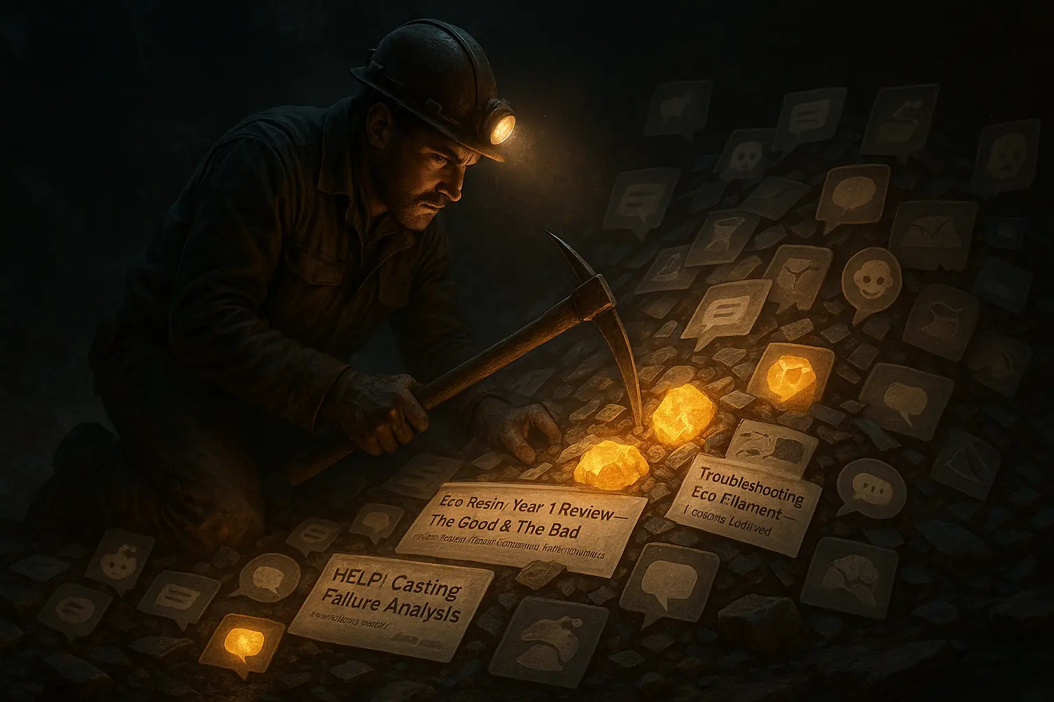 Miner with pickaxe unearths glowing gold nuggets (insights) from stylized user content icons, representing community