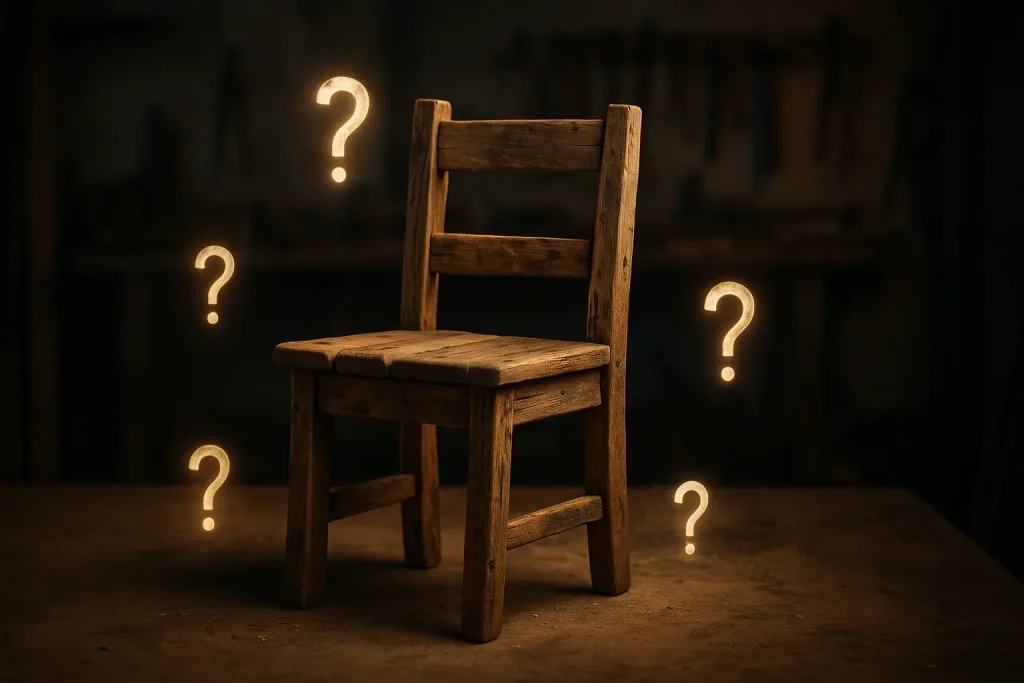 Slightly wobbly reclaimed wood chair with question marks, highlighting the mystery of its strength for furniture makers.