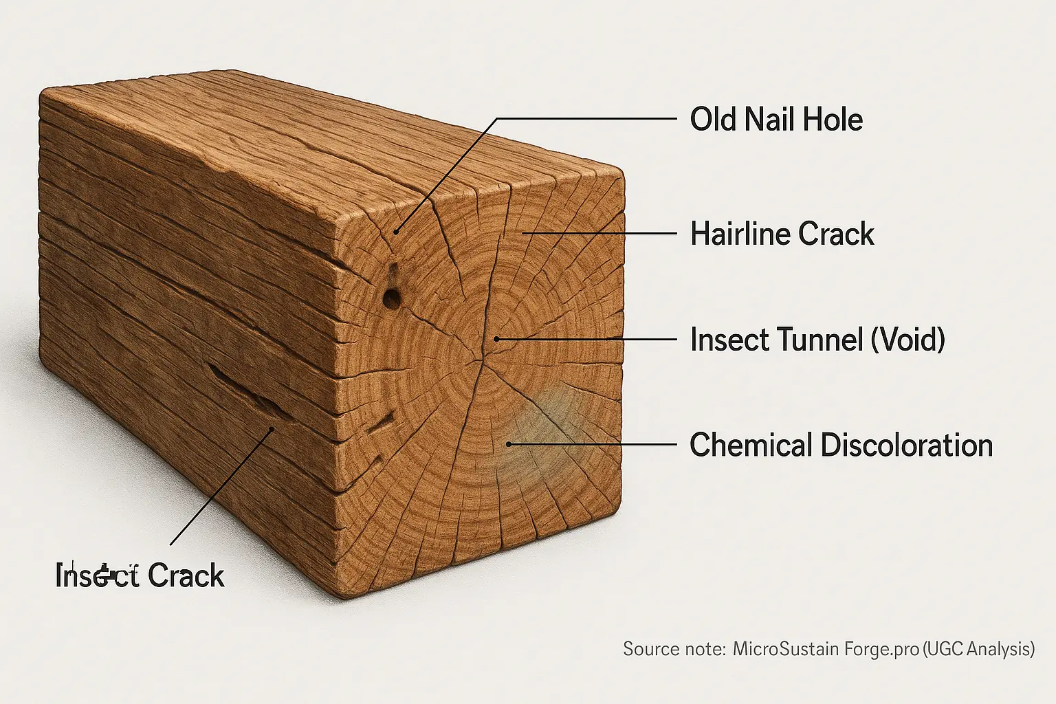 Infographic cross-section unmasking hidden reclaimed wood flaws: old nail holes, hairline cracks, insect tunnels,