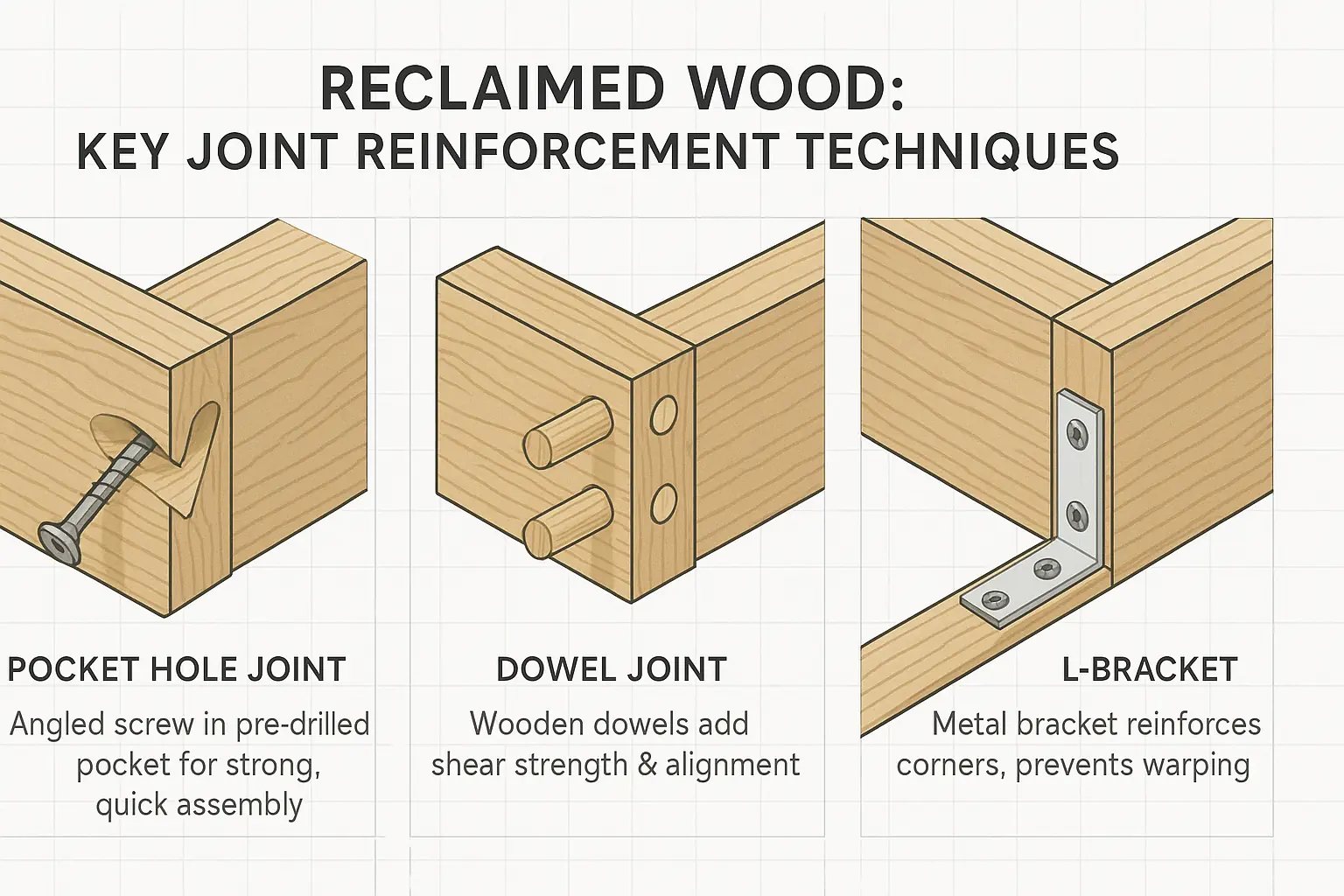 Infographic: Technical cutaway views of three reclaimed wood joint reinforcements: pocket hole, dowel, &amp; metal bracket.