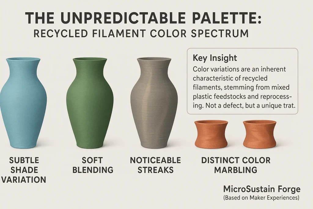 Infographic: Unpredictable recycled filament color spectrum (shades to streaks) impacting perceived 3D print quality.