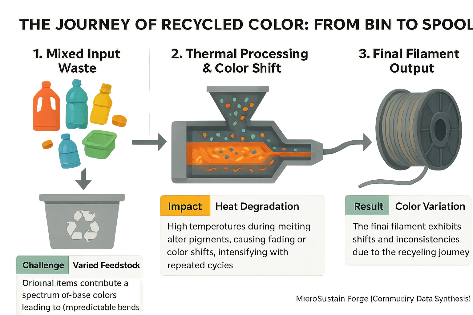 Infographic: Process of recycling mixed plastics into filament, showing how color mixing and heat create color variations.